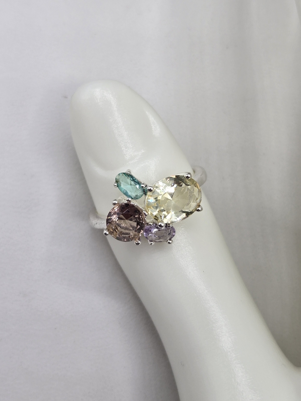 Swarovski Crystal Elements Silver Statement Ring Blue Purple Yellow Size 7.5 - Picture 3 of 7
